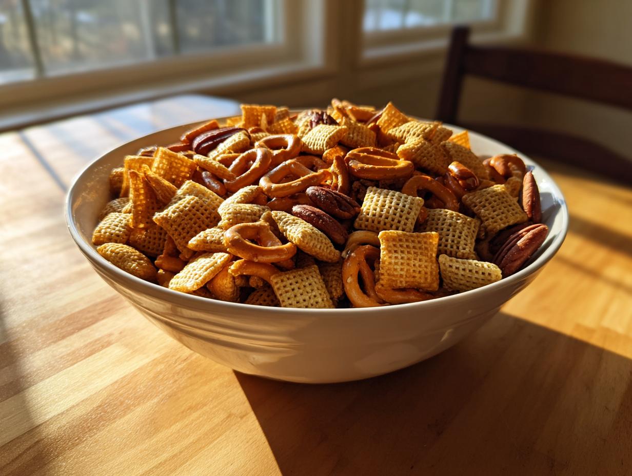 A large white bowl filled with homemade chex party mix, featuring cereal squares, pretzels, and pecans, sitting on a sunlit wooden table.