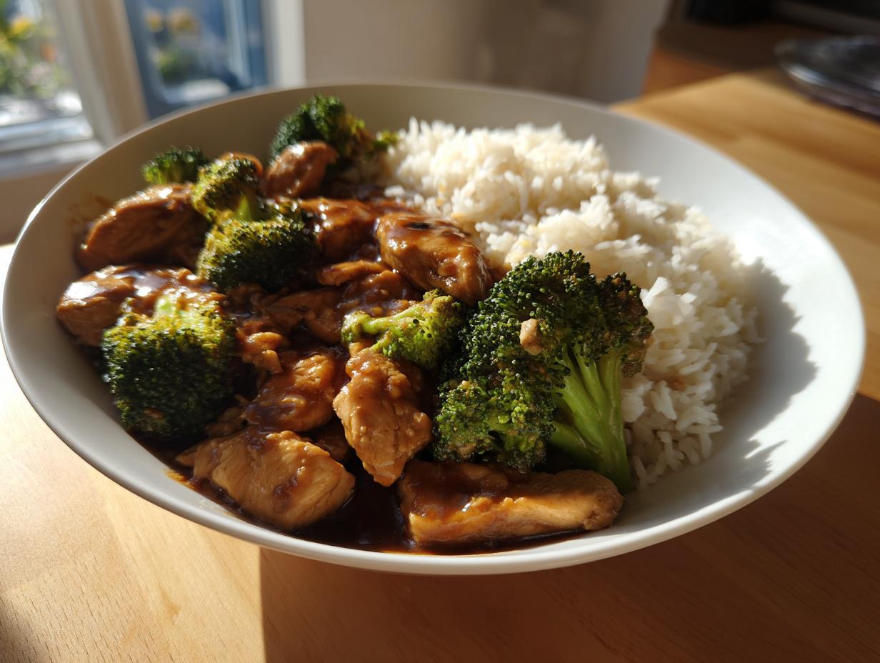 A white bowl filled with savory chicken and broccoli in sauce next to a serving of fluffy white rice, featuring the chicken and broccoli.