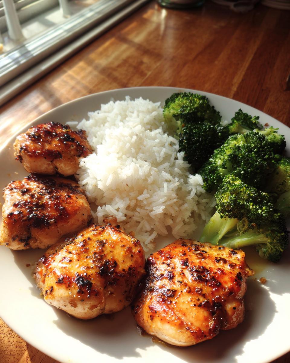 Four pieces of glazed chicken, prepared using the amazing chicken marinade, served with white rice and steamed broccoli.