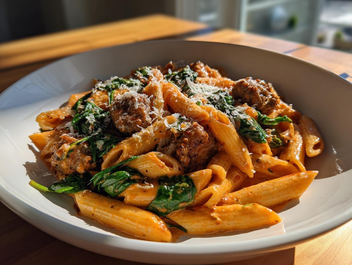 A close-up of a hearty bowl of chicken sausage pasta tossed in a creamy tomato sauce with wilted spinach and grated Parmesan cheese.
