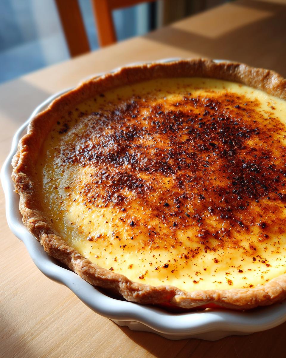 A freshly baked custard pie with a golden, caramelized top sitting in a white fluted dish.