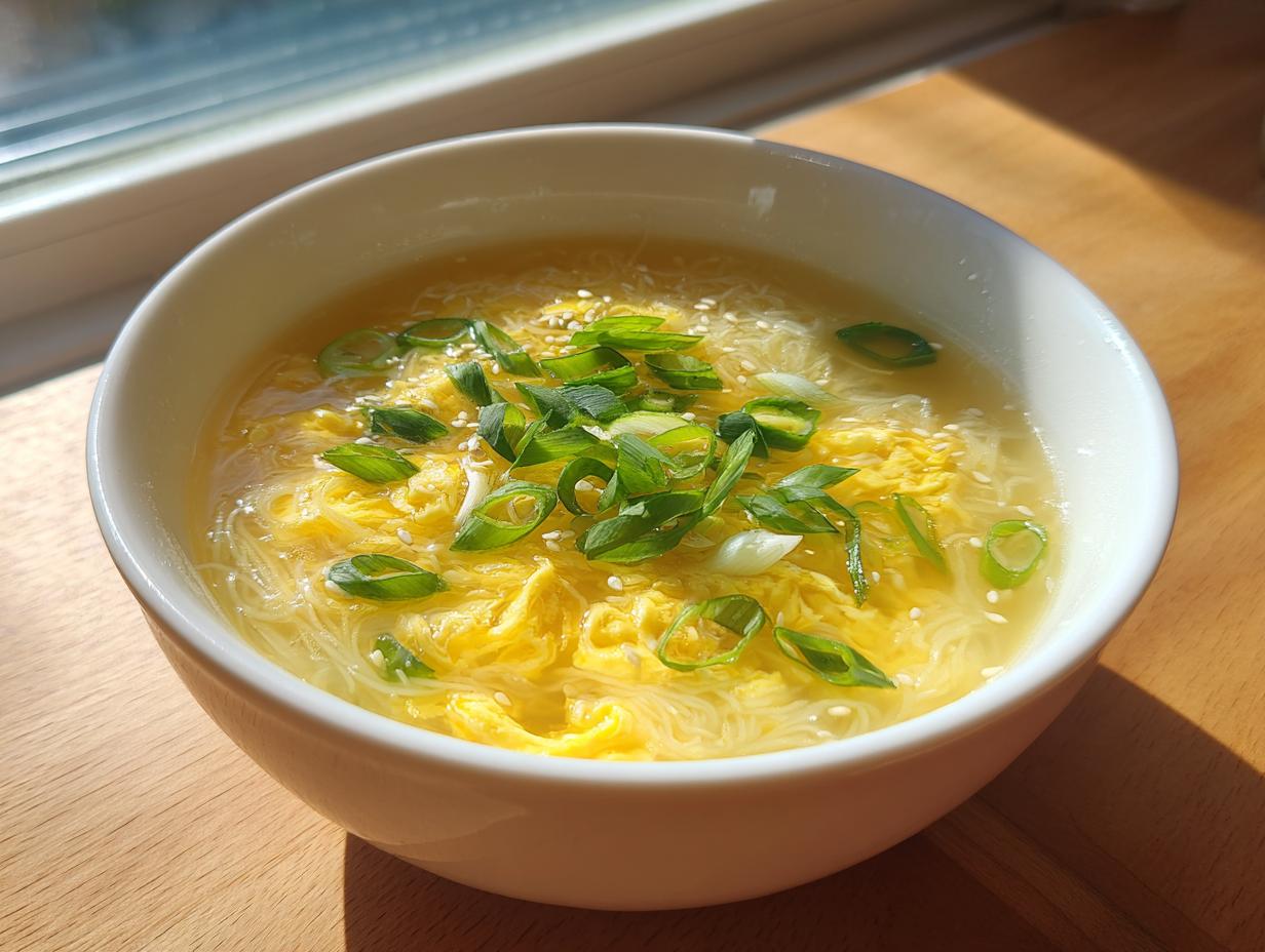 A white bowl filled with comforting egg drop soup, featuring wisps of yellow egg, thin noodles, and topped with fresh green onions and sesame seeds.