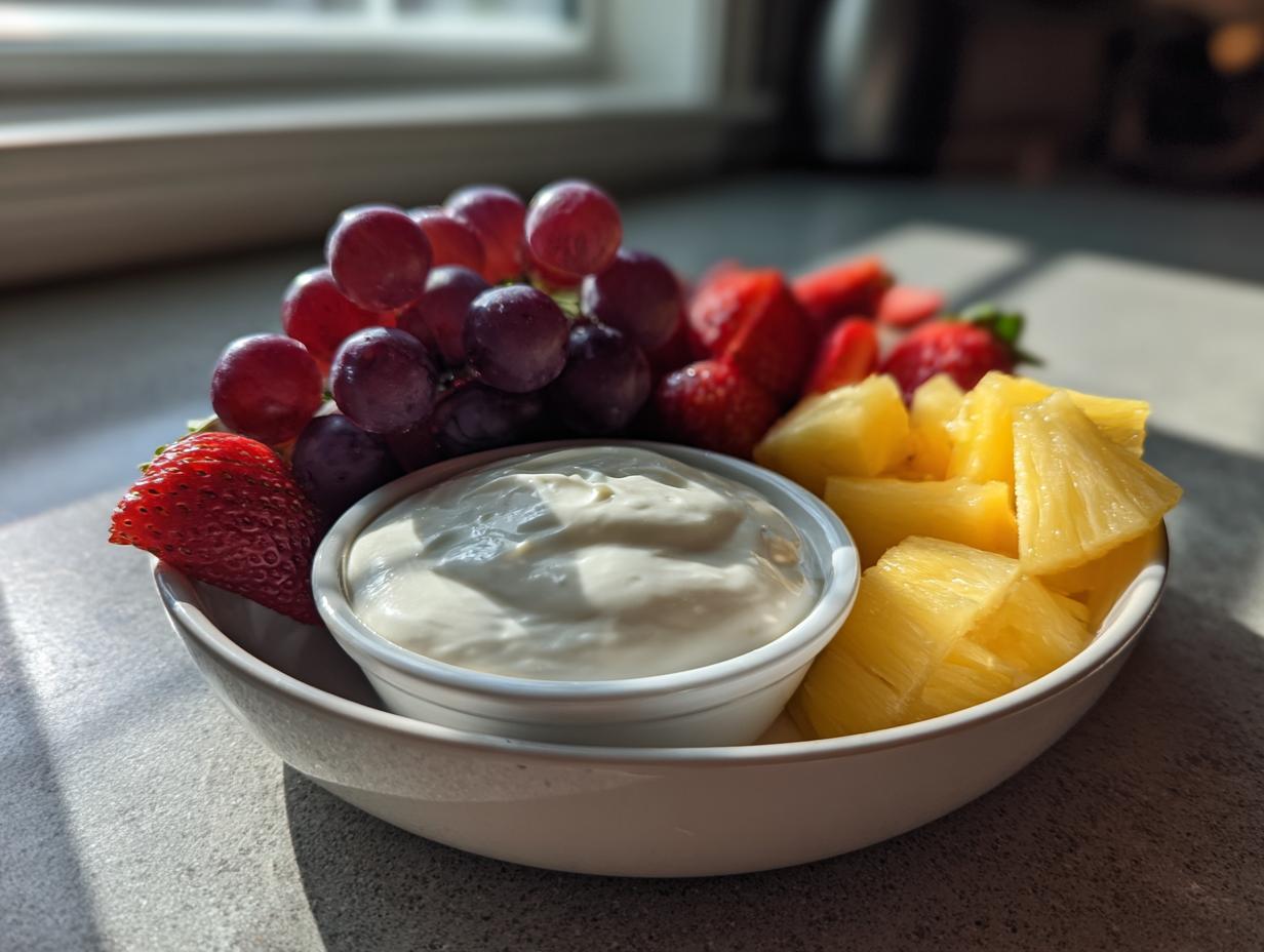 A bowl featuring creamy fruit dip surrounded by fresh strawberries, red grapes, and pineapple chunks.