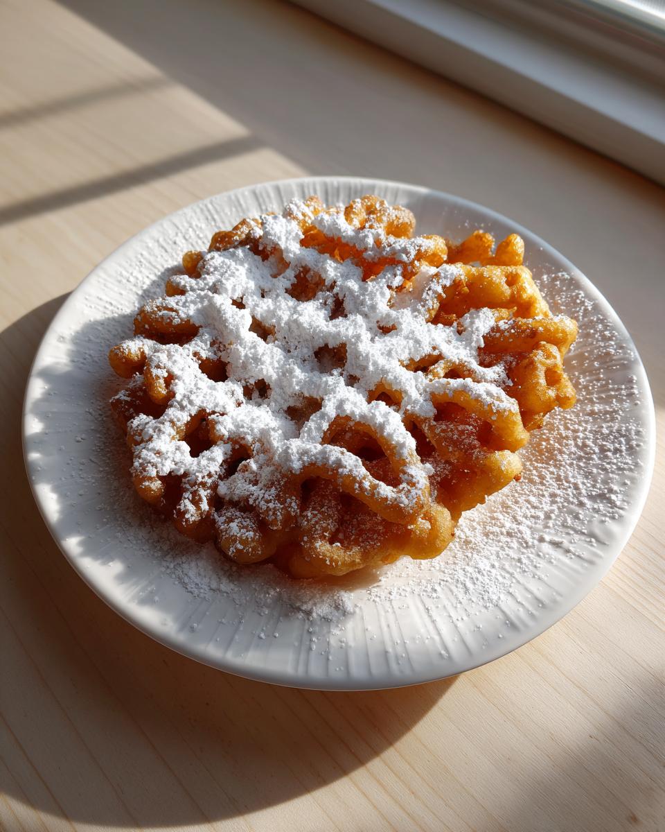 A golden brown, freshly made funnel cake recipe generously dusted with white powdered sugar on a white plate.