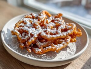 A close-up of a golden brown, freshly fried funnel cake recipe generously dusted with powdered sugar on a white plate.