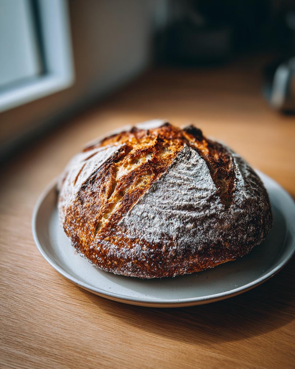 A rustic, round loaf of freshly baked italian bread with a deeply scored, flour-dusted, golden-brown crust resting on a light plate.
