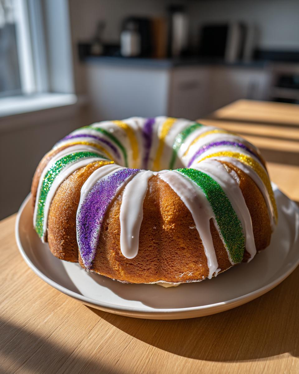 A beautifully decorated King Cake with white icing and purple, green, and yellow sparkling sugar stripes.
