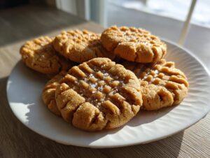 Close-up of several amazing peanut butter cookies stacked on a white plate, sprinkled with coarse sea salt.