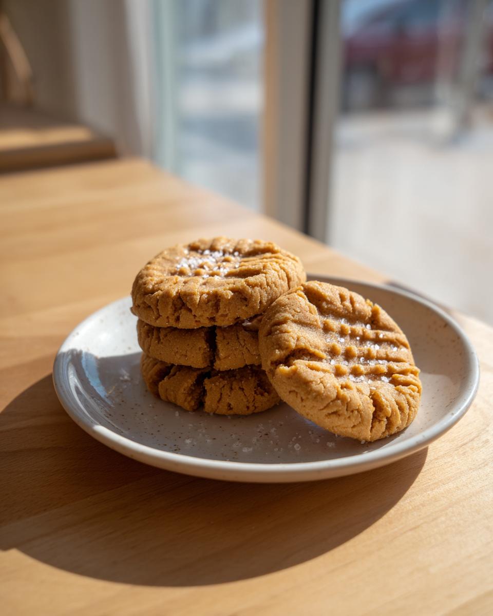 A stack of four and one leaning peanut butter cookies, sprinkled with sea salt, on a speckled plate.