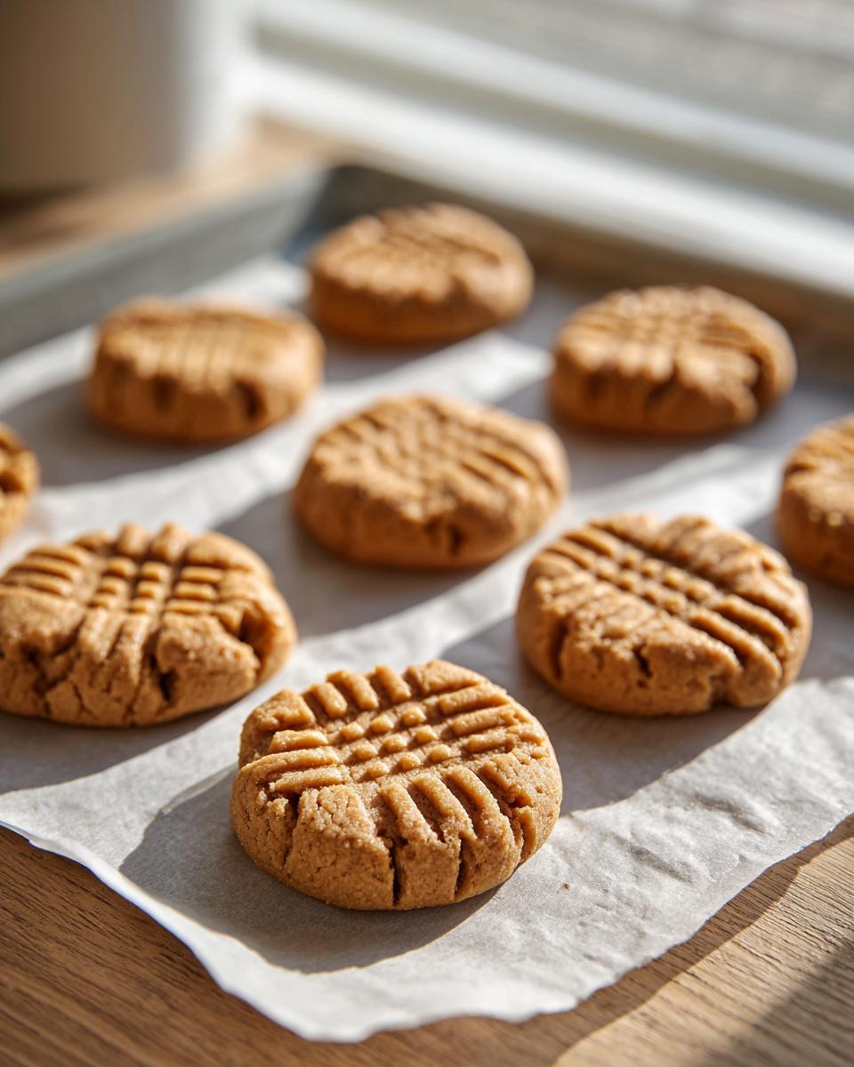 Close-up of several freshly baked peanut butter cookies with classic crosshatch fork marks on a parchment-lined baking sheet.