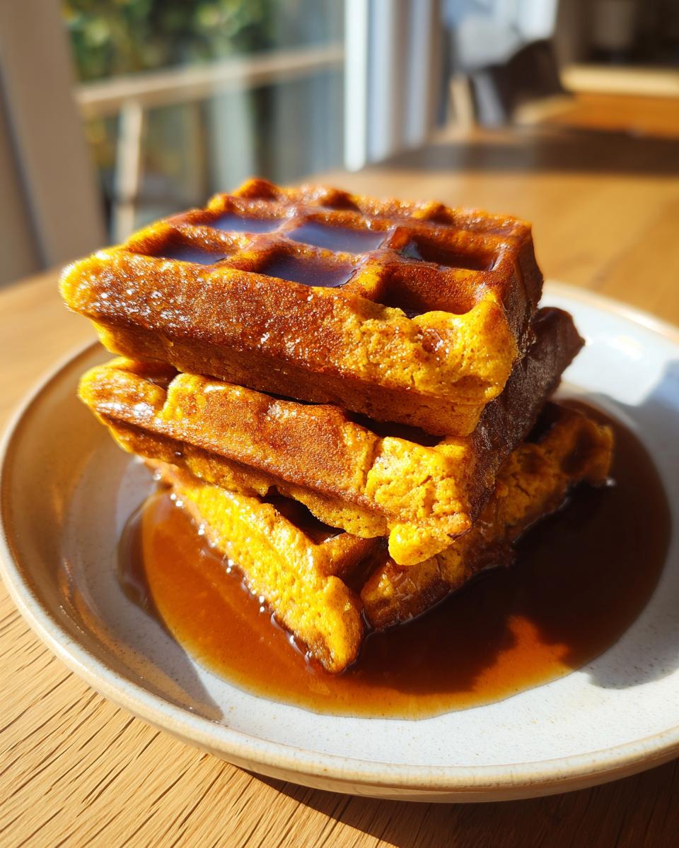 Close-up of a stack of three golden pumpkin waffles drenched in rich maple syrup on a light plate.