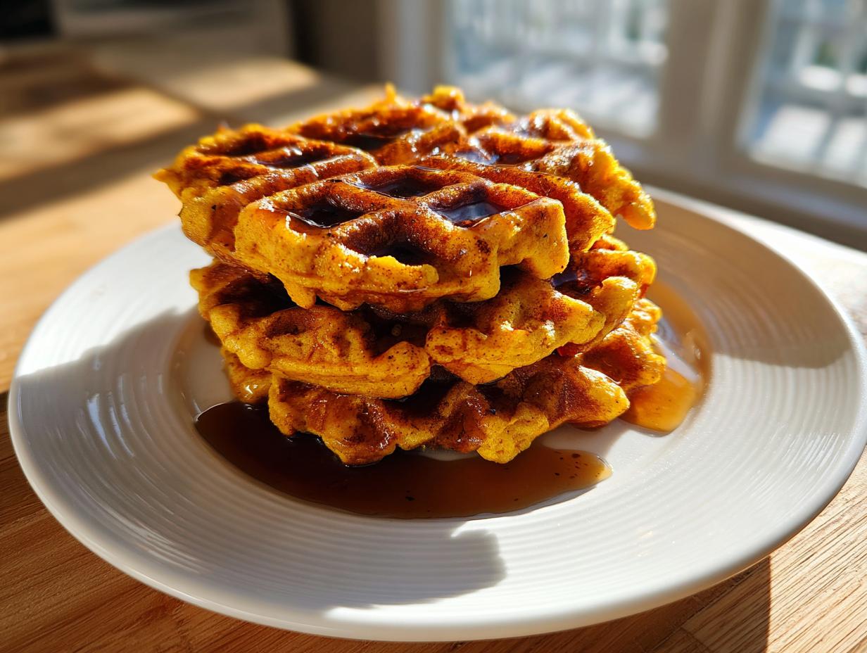 A tall stack of golden-orange pumpkin waffles drizzled generously with dark syrup, served on a white plate.