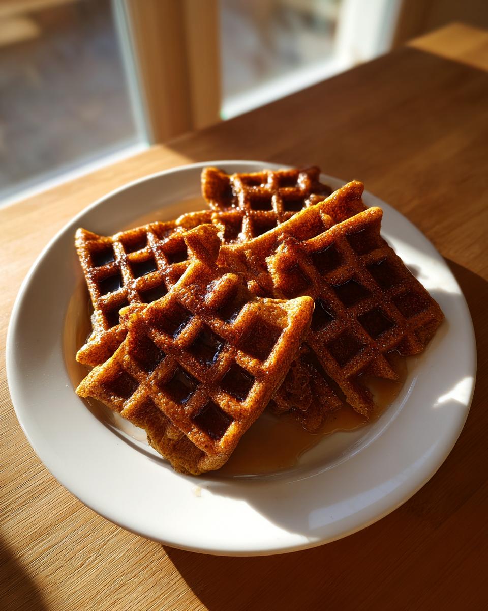 A plate of four golden brown pumpkin waffles generously drizzled with syrup, sitting on a wooden table near a window.