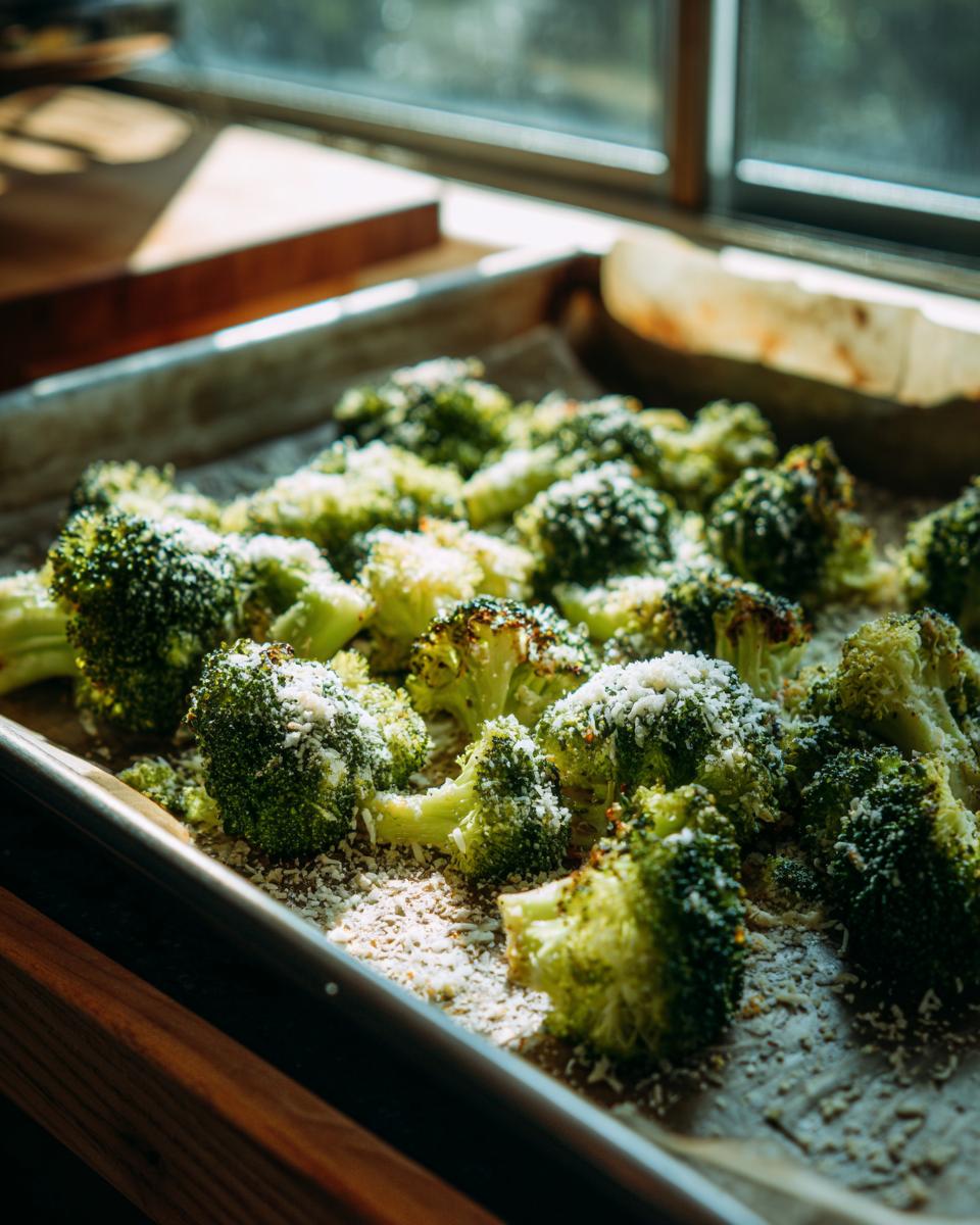Close-up of fresh roasted broccoli florets sprinkled with grated cheese on a baking sheet.
