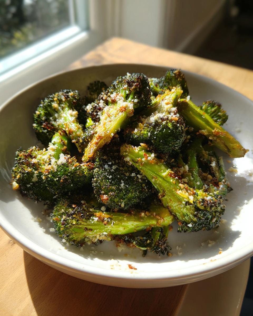A bowl of perfectly roasted broccoli florets topped with grated Parmesan cheese, catching bright sunlight.