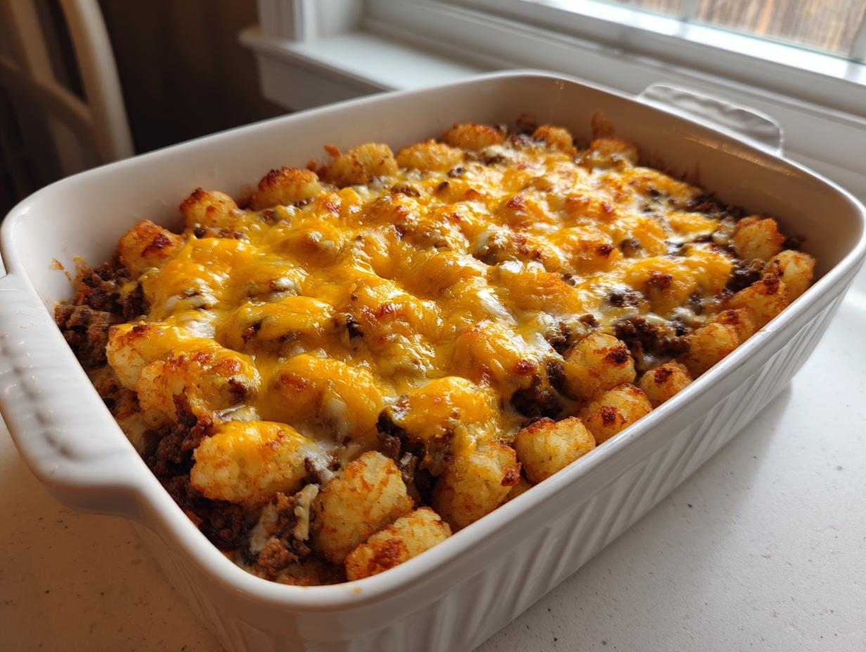 A close-up of a baked tater tot casserole topped with melted cheddar cheese and ground meat mixture.