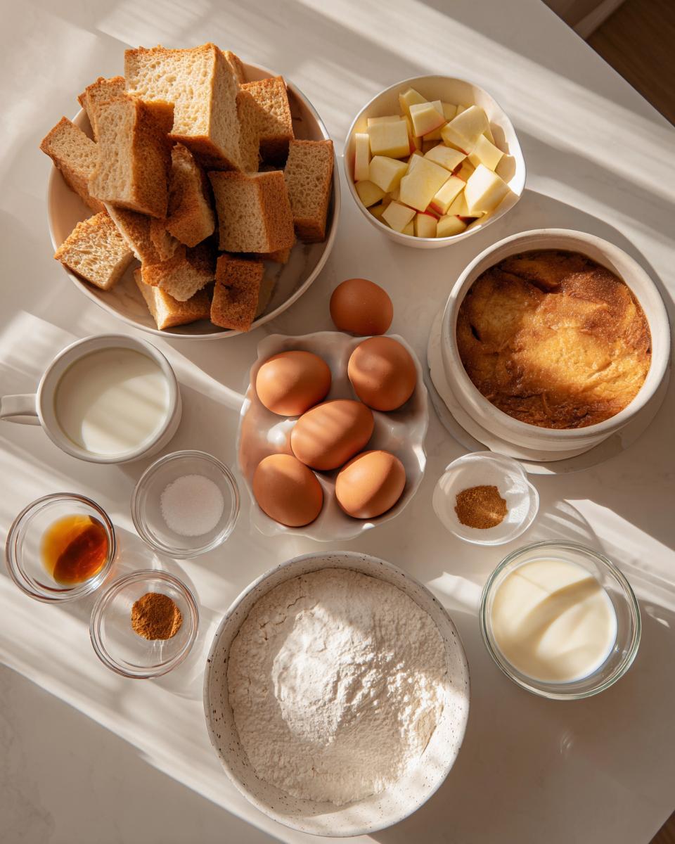 Overhead view of ingredients for apple bread pudding, including cubed bread, eggs, apples, milk, flour, and spices.