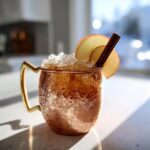 A frosty copper mug filled with an apple cider moscow mule, garnished with apple slices and a cinnamon stick.