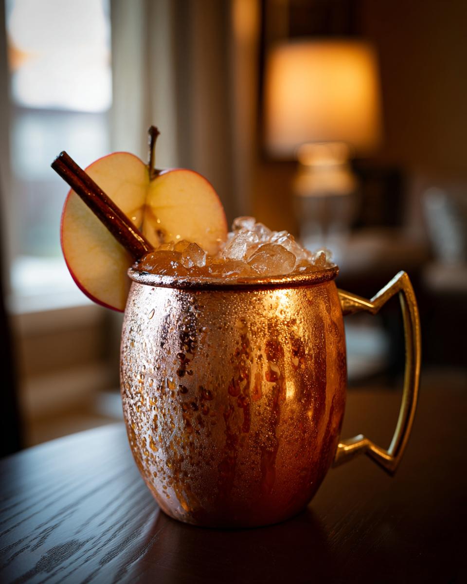 A frosty copper mug filled with an apple cider moscow mule, garnished with an apple slice and cinnamon stick.
