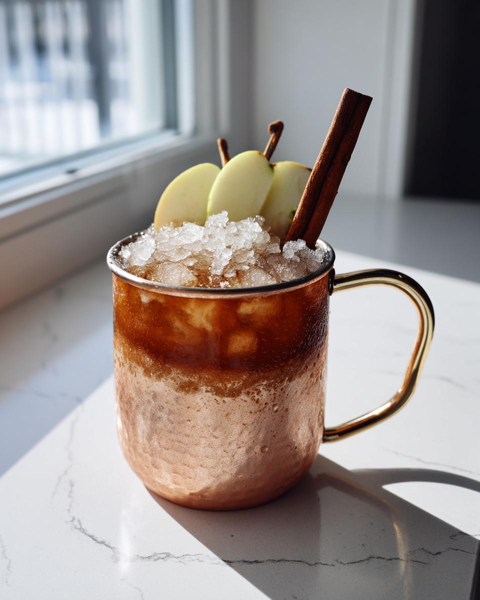 A frosty copper mug filled with an apple cider moscow mule, topped with crushed ice, apple slices, and a cinnamon stick.