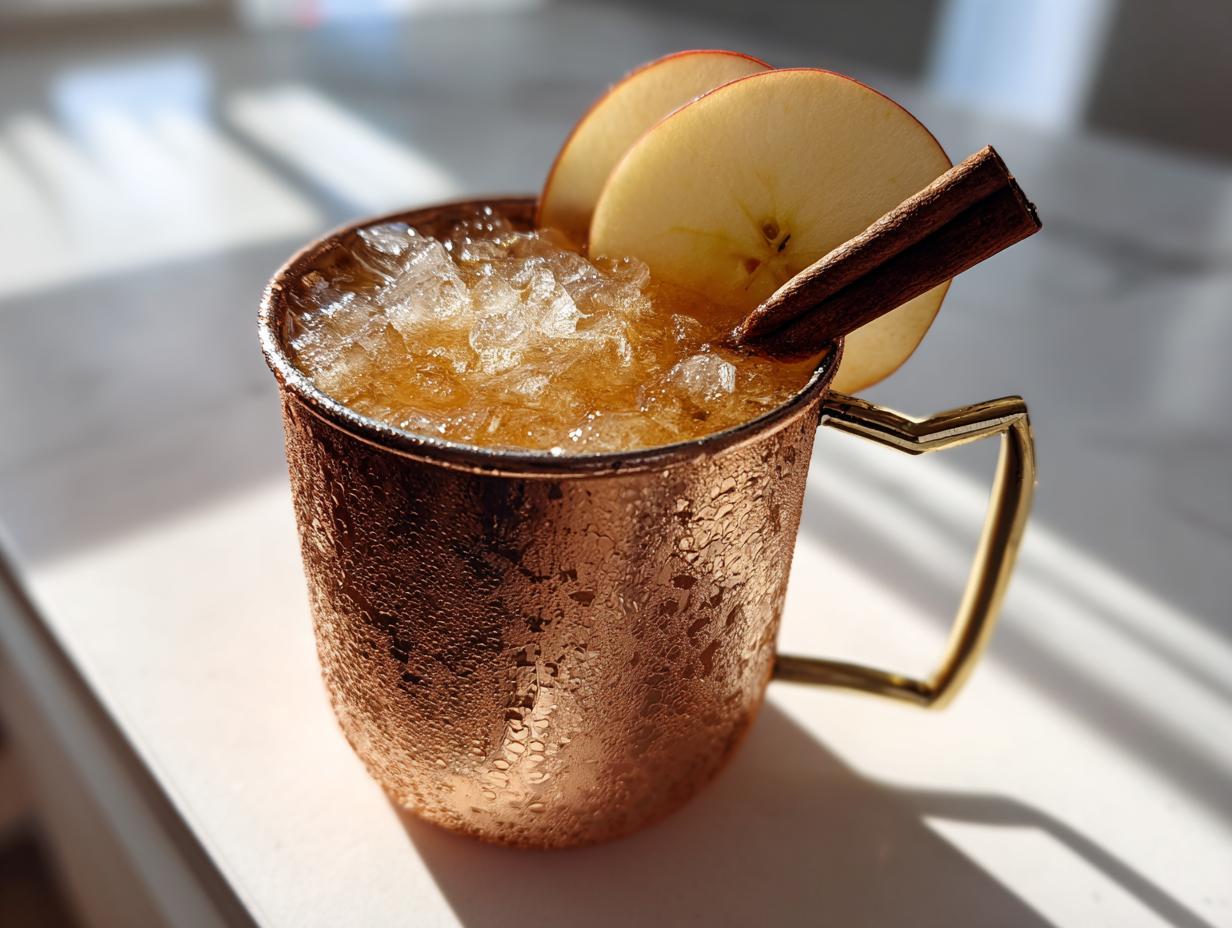 A frosty copper mug filled with an apple cider moscow mule, garnished with apple slices and a cinnamon stick.