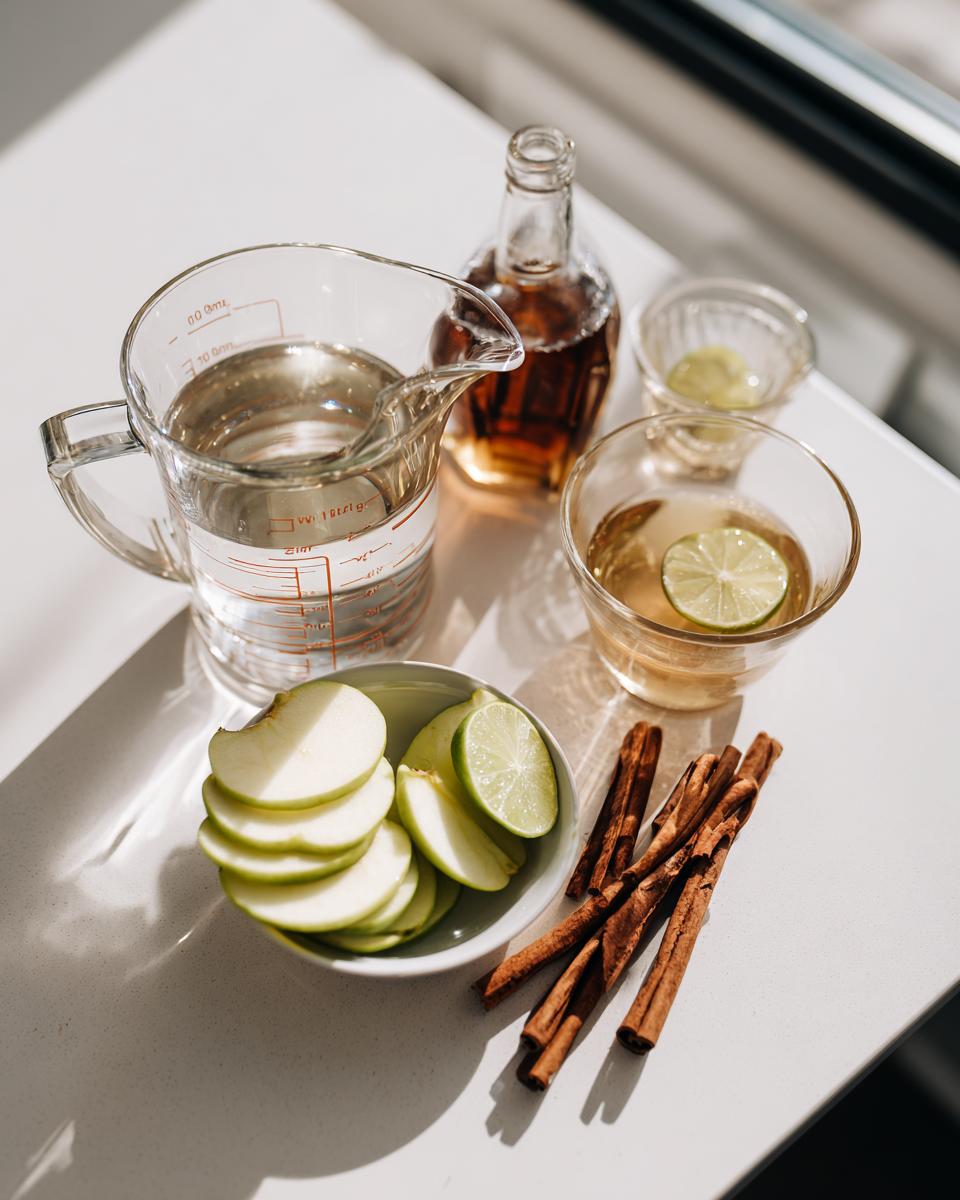 Ingredients laid out for an apple cider moscow mule, including sliced green apples, cinnamon sticks, and liquids.