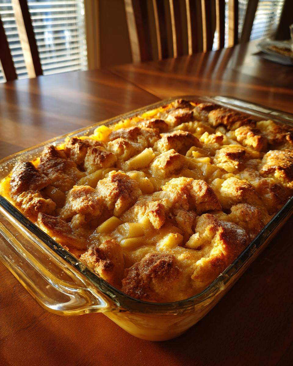 Close-up of a golden brown apple cobbler recipe baking in a clear glass dish, illuminated by sunlight.