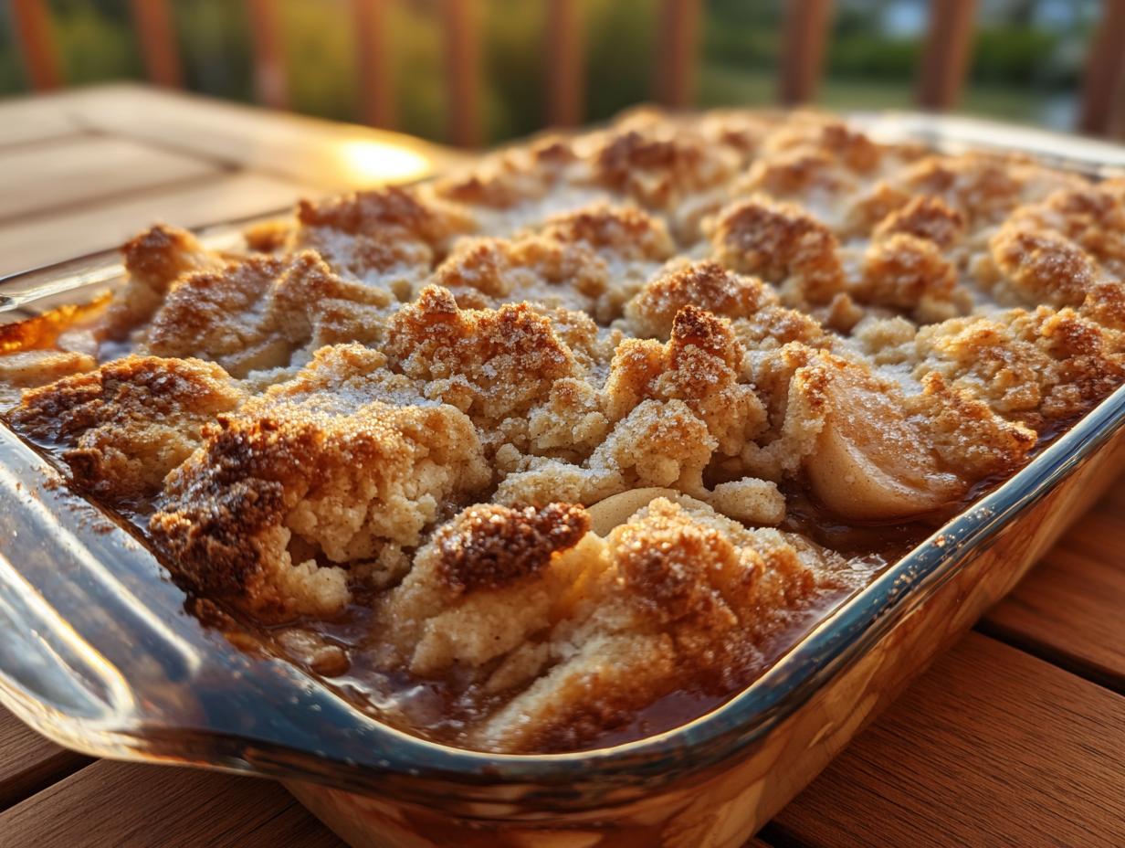 Close-up of a golden brown apple cobbler recipe topping with caramelized edges and sugar dusting in a glass baking dish.