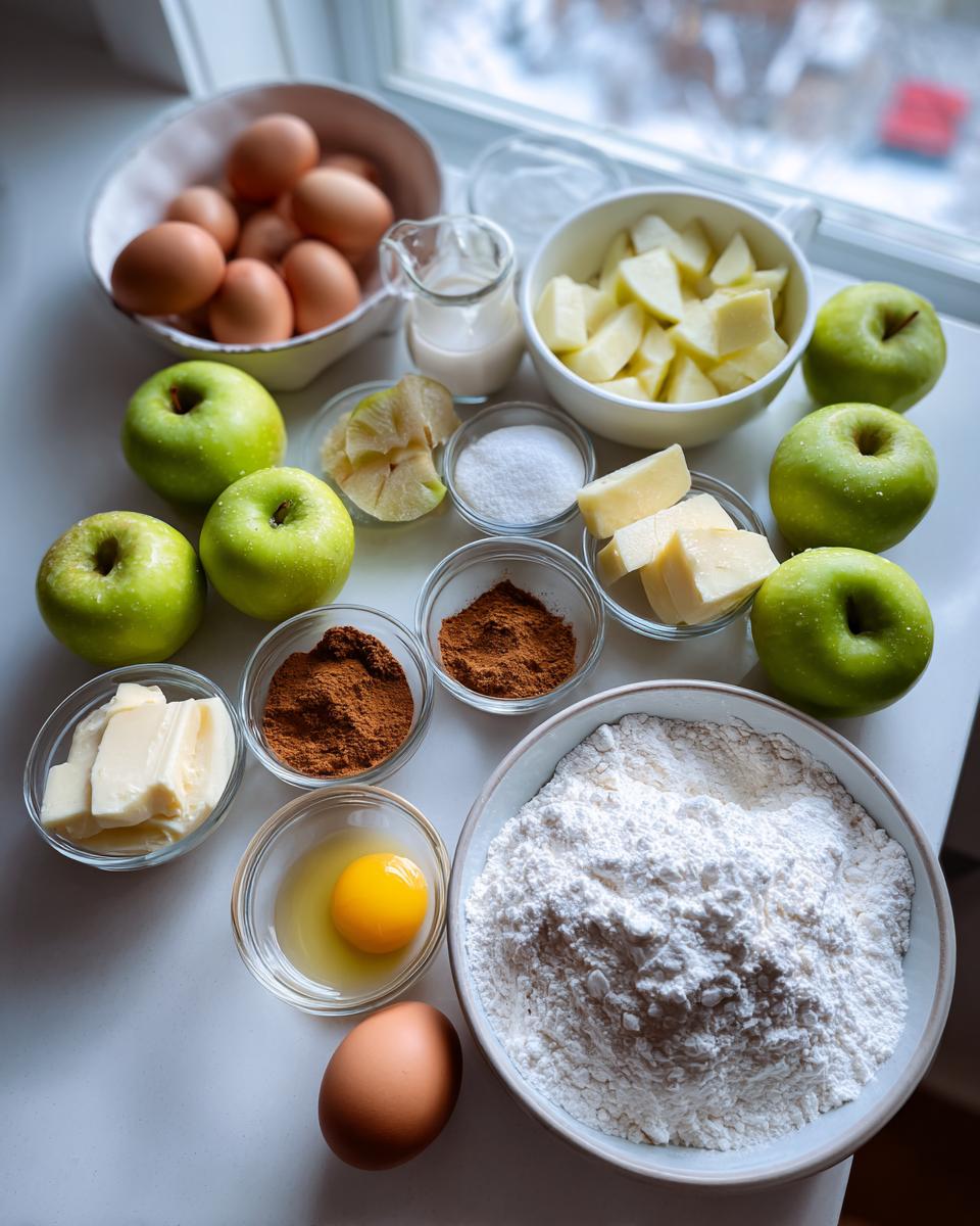 Mise en place ingredients for an apple cobbler recipe, including green apples, flour, eggs, butter, sugar, and cinnamon.