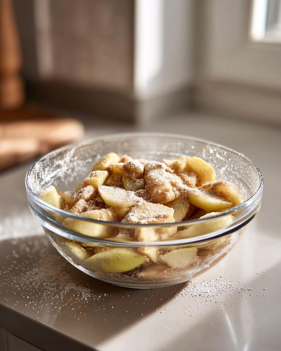 Close-up of sliced apples tossed with cinnamon and sugar in a clear glass bowl for an apple crisp recipe.