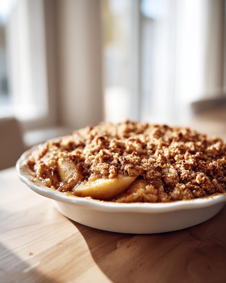 A close-up of a golden brown apple crisp recipe baked in a white pie dish, sitting on a wooden table.