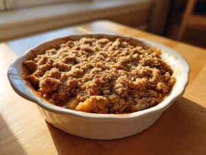 A golden brown, freshly baked apple crisp recipe served hot in a white, round baking dish on a wooden table.