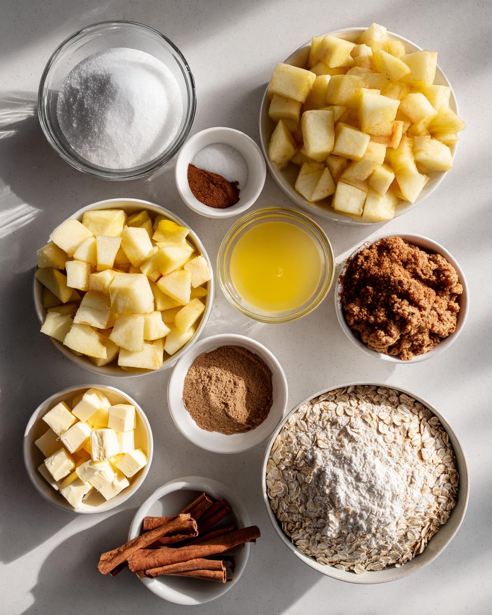 Overhead shot of all ingredients needed for an apple crisp recipe, including diced apples, oats, flour, sugars, butter, and cinnamon.