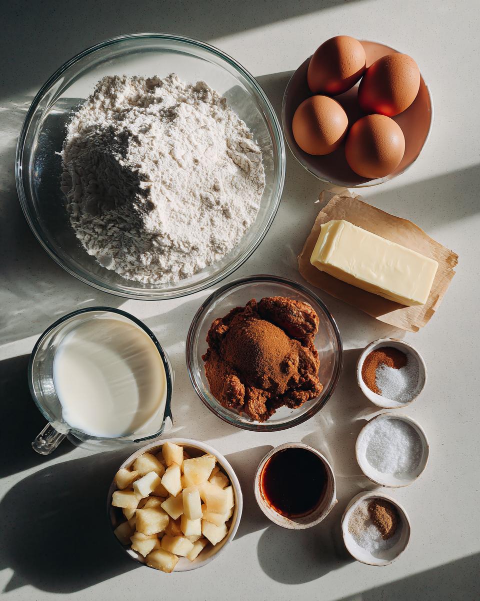 Overhead view of ingredients laid out for apple crumb cake, including flour, eggs, butter, milk, apples, and spices.