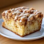 A close-up of a moist slice of apple crumb cake topped with cinnamon streusel and a white vanilla glaze drizzle.