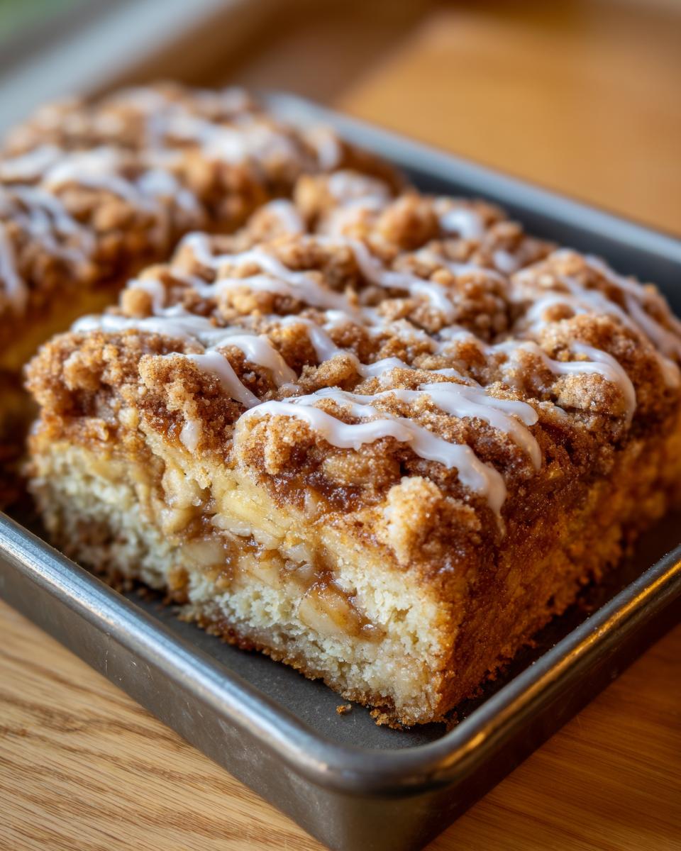 Close-up of a moist slice of apple crumb cake topped with cinnamon streusel and a white vanilla glaze.