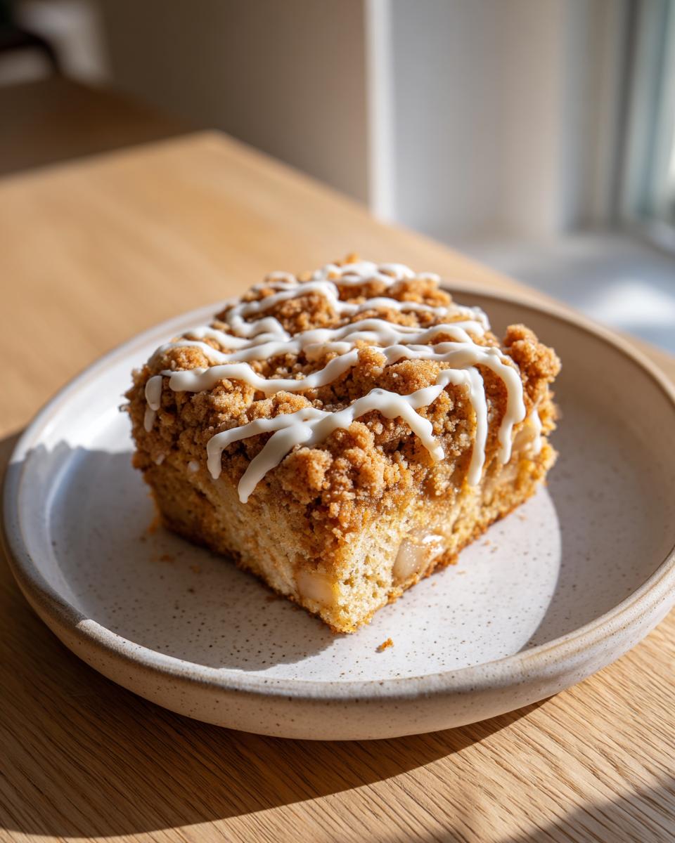 A square slice of apple crumb cake topped with streusel and drizzled with white icing, sitting on a speckled plate.