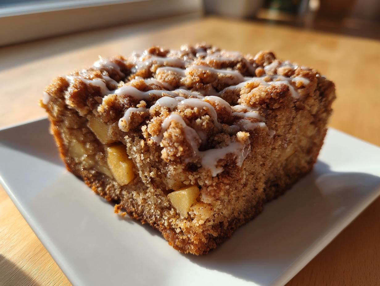 A square slice of moist apple crumb cake topped with cinnamon streusel and drizzled with vanilla icing.
