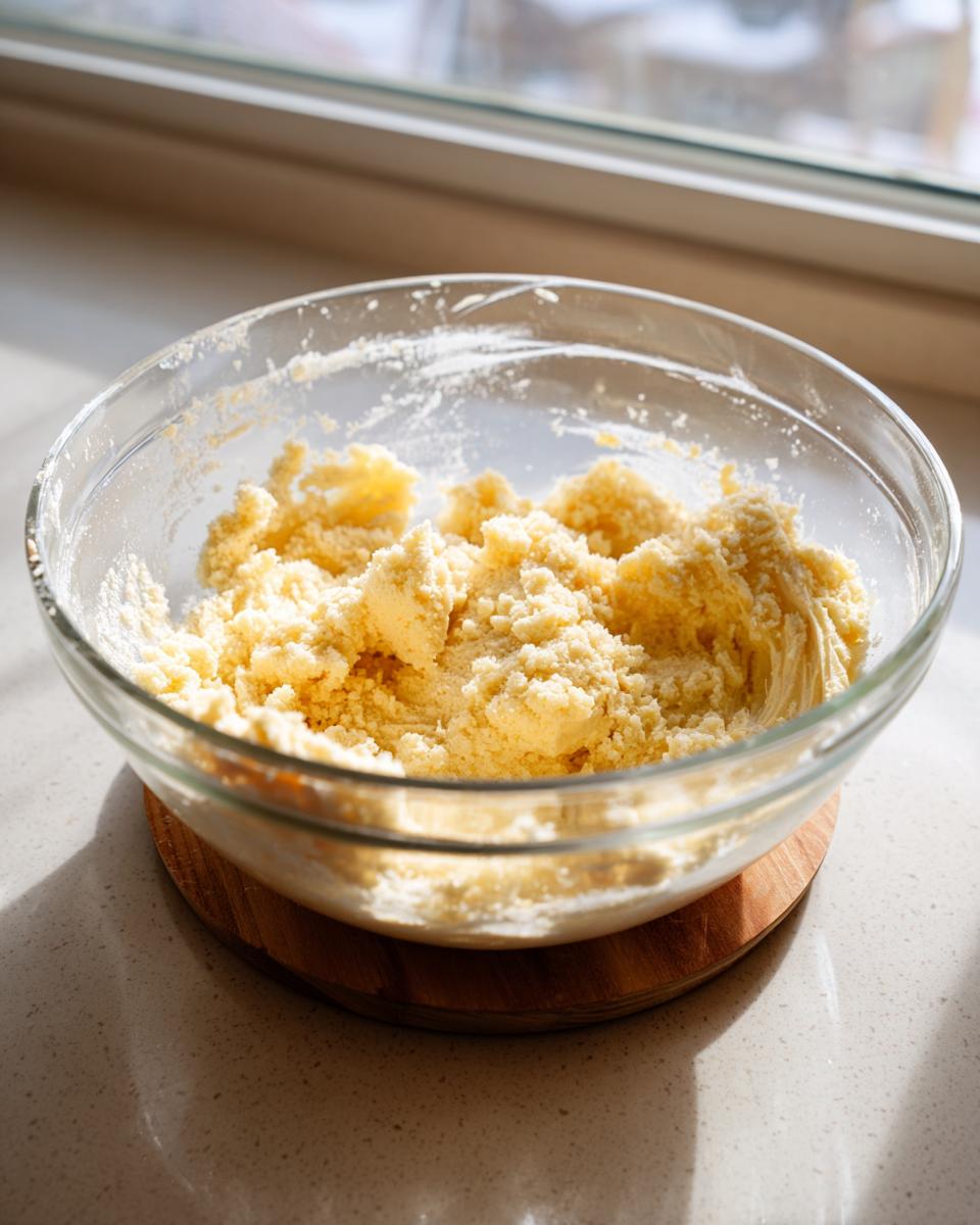 Close-up of crumbly yellow batter being mixed in a clear glass bowl for applesauce cake.