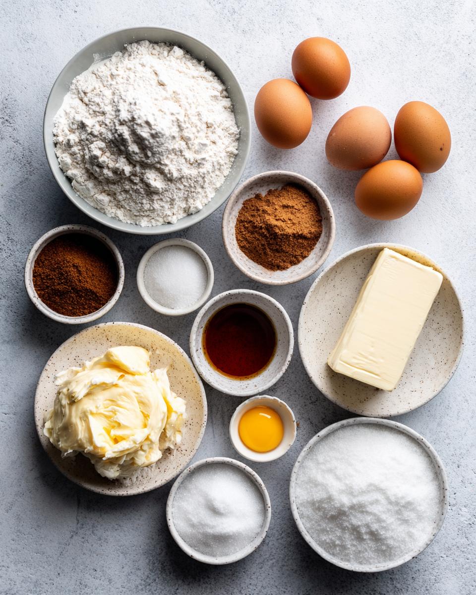 Overhead view of ingredients for applesauce cake, including flour, sugar, eggs, butter, and spices.