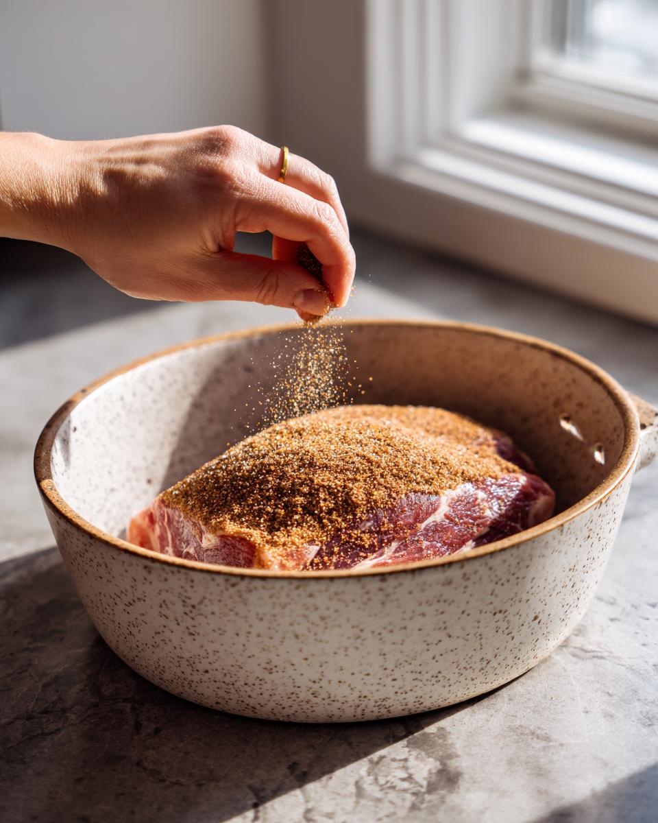 A hand sprinkling a dry rub generously over a raw pork shoulder in a speckled ceramic bowl for slow cooker pulled pork.