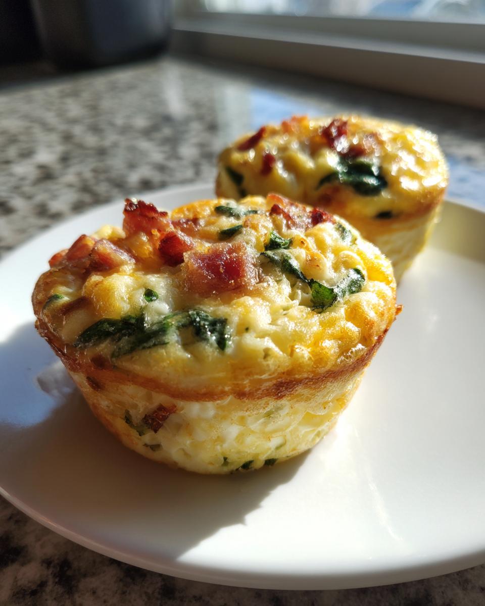 Close-up of two freshly baked bacon and spinach egg bites sitting on a white plate in bright sunlight.