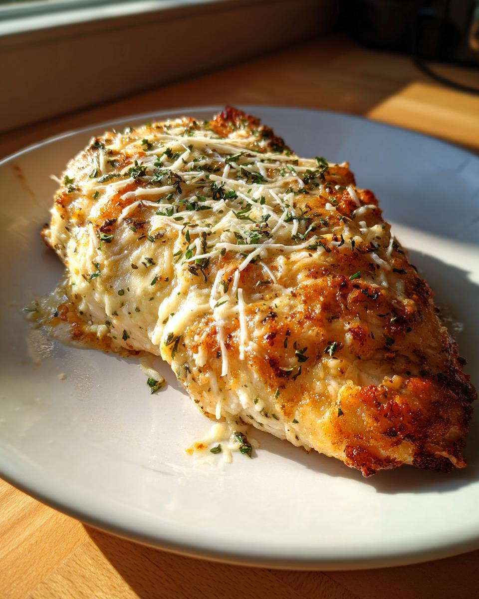 A golden brown baked ranch chicken breast topped with melted cheese and herbs on a white plate.