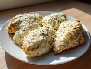 Four golden-brown pieces of baked ranch chicken topped generously with melted cheese and herbs on a white plate.