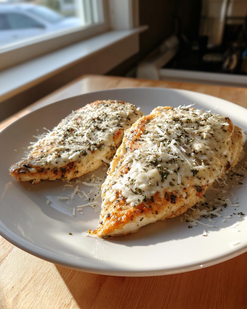 Two golden-brown pieces of baked ranch chicken topped with melted cheese and herbs on a white plate.