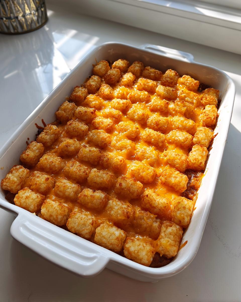 A baked tater tot casserole topped with melted cheddar cheese in a white rectangular baking dish.