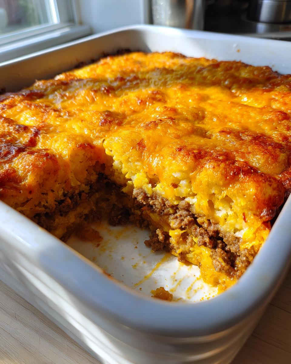 A close-up of a freshly baked tater tot casserole in a white dish, showing a thick layer of melted, browned cheese over ground meat.