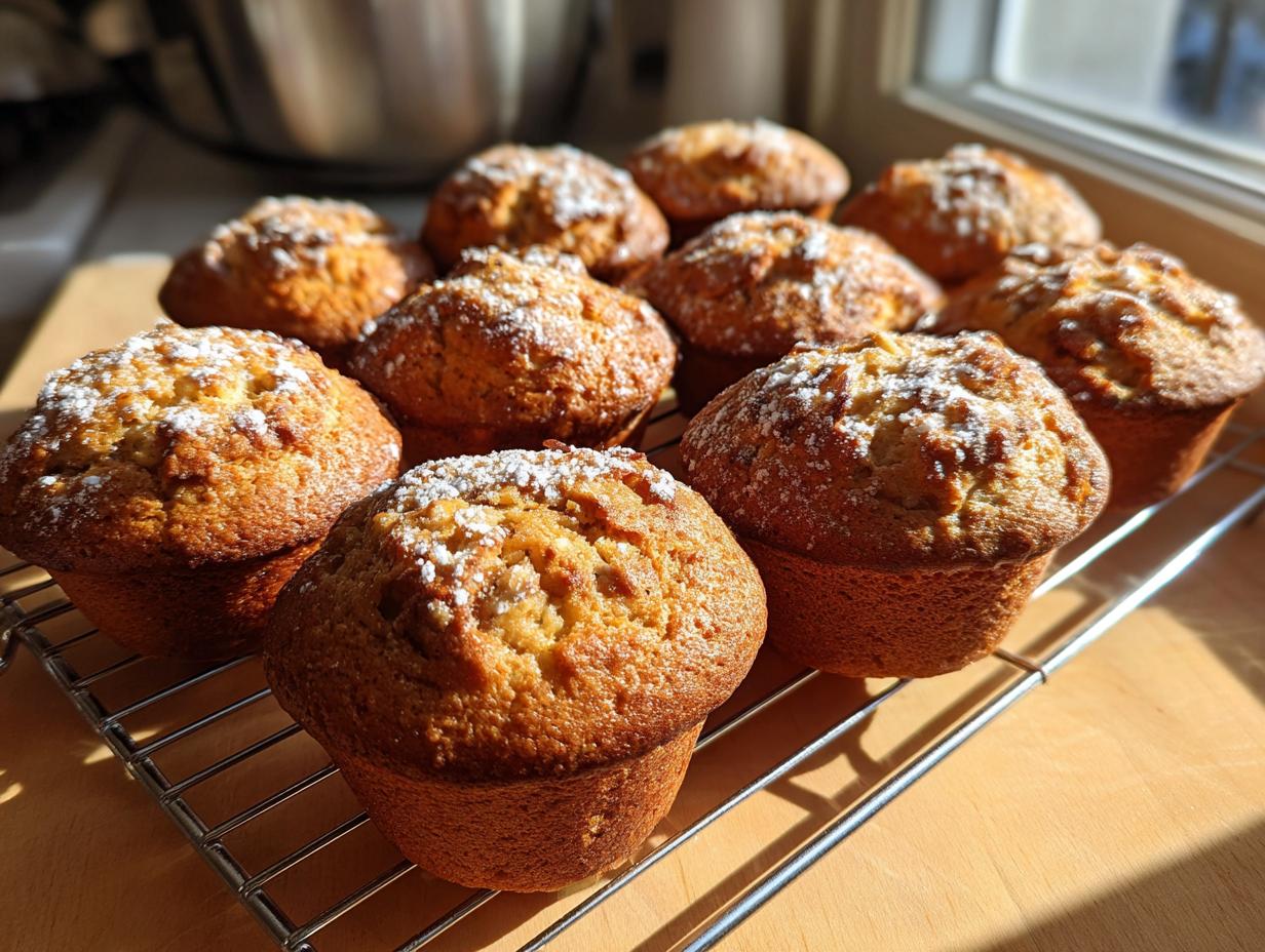 A dozen golden brown banana nut muffins dusted with powdered sugar cooling on a wire rack near a window.