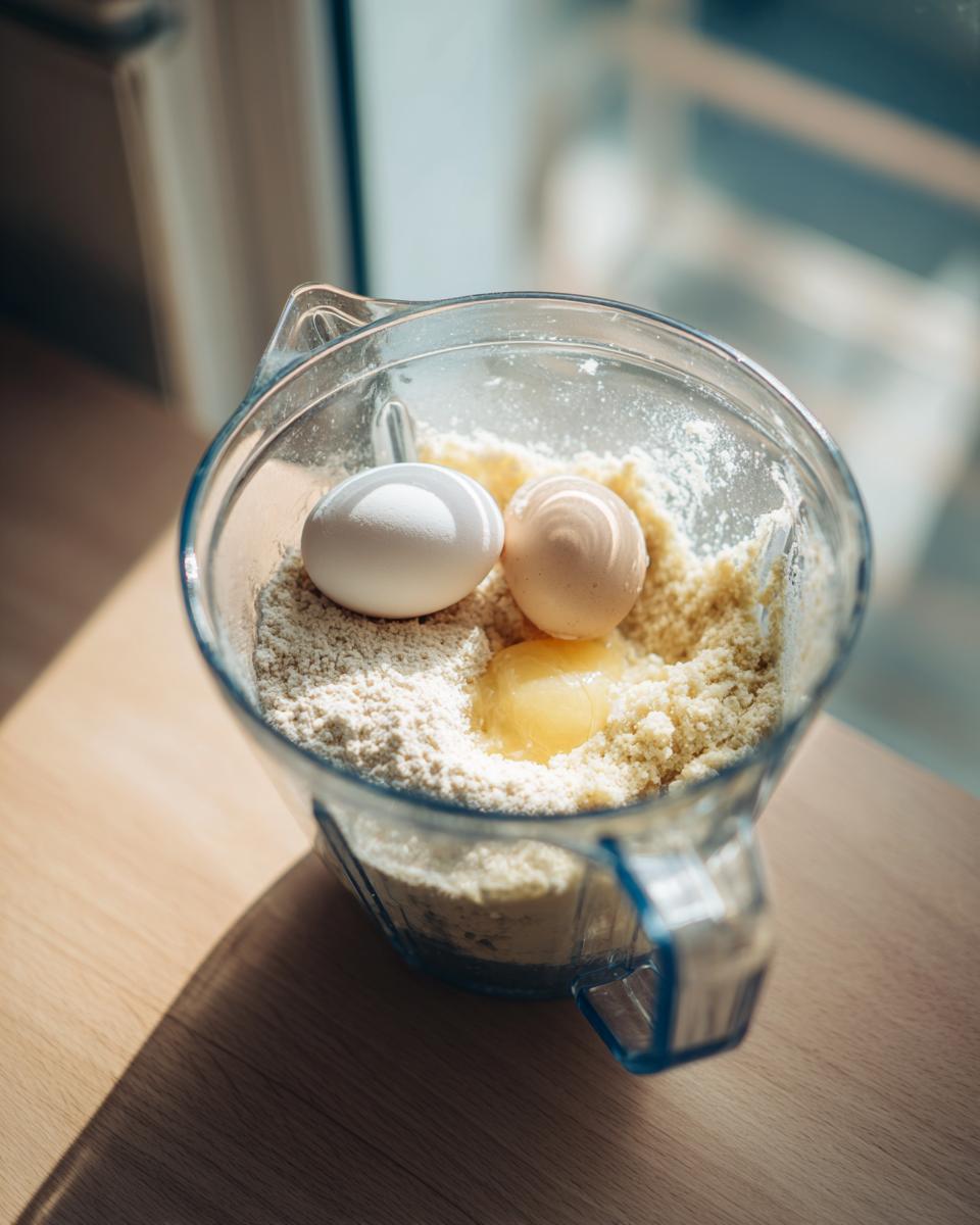 Dry ingredients and two eggs (one cracked) ready to blend for banana oatmeal pancakes.