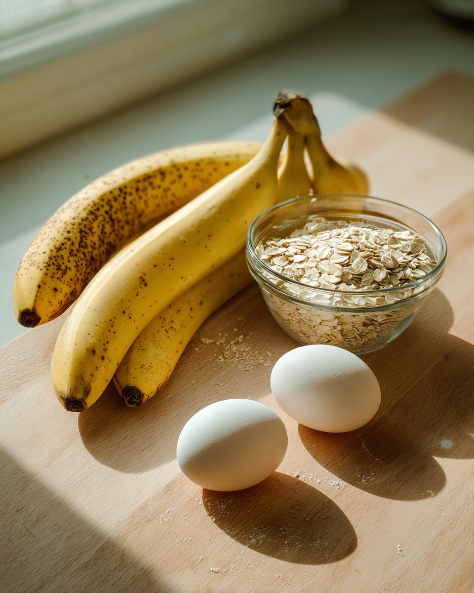 Ingredients for banana oatmeal pancakes: ripe bananas, a bowl of rolled oats, and two white eggs on a wooden surface.